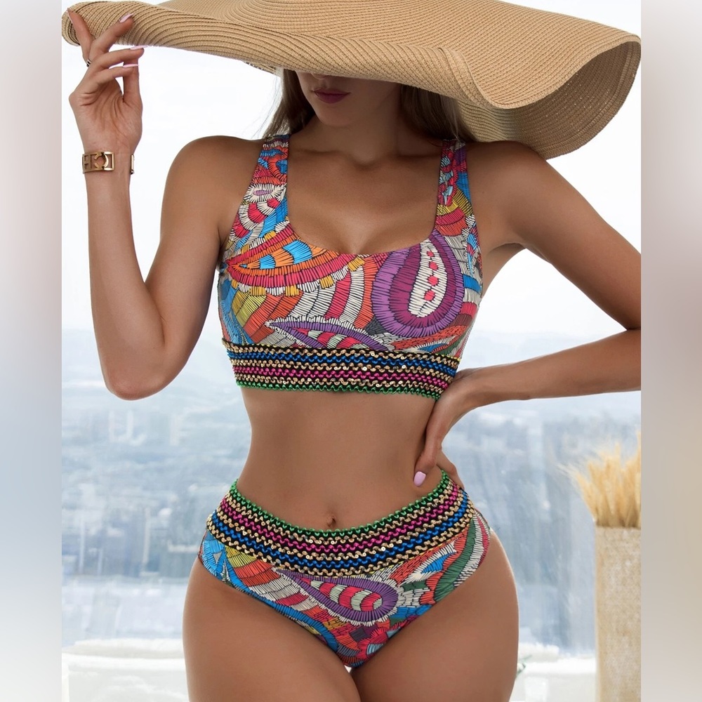Multicolor Allover Graphic Contrast Tape Bikini Swimsuit Set High Waist Padded - Picture 2 of 6